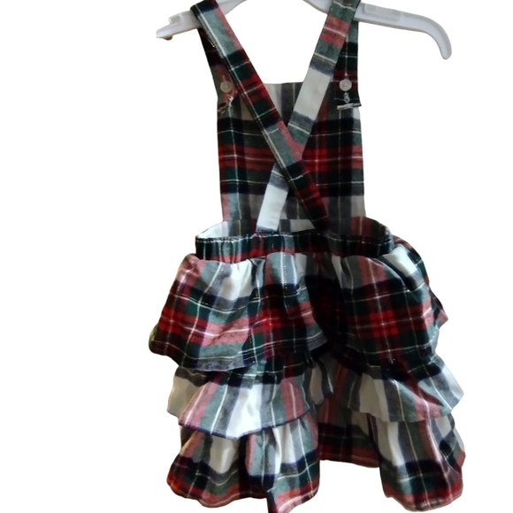 NWOT Christmas flannel plaid smock overall dress with ruffles red green white 4T - Picture 3 of 4